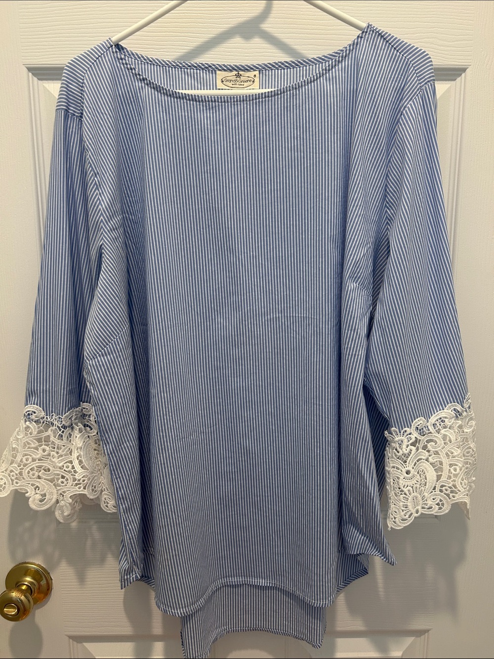 Grand & Greene Blue and White Pinstripe Lace-Trim Blouse